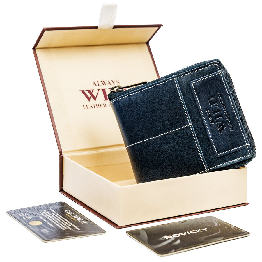 Kožená pánska peňaženka štvorcového tvaru so zipsom v retro štýle, RFID - Always Wild