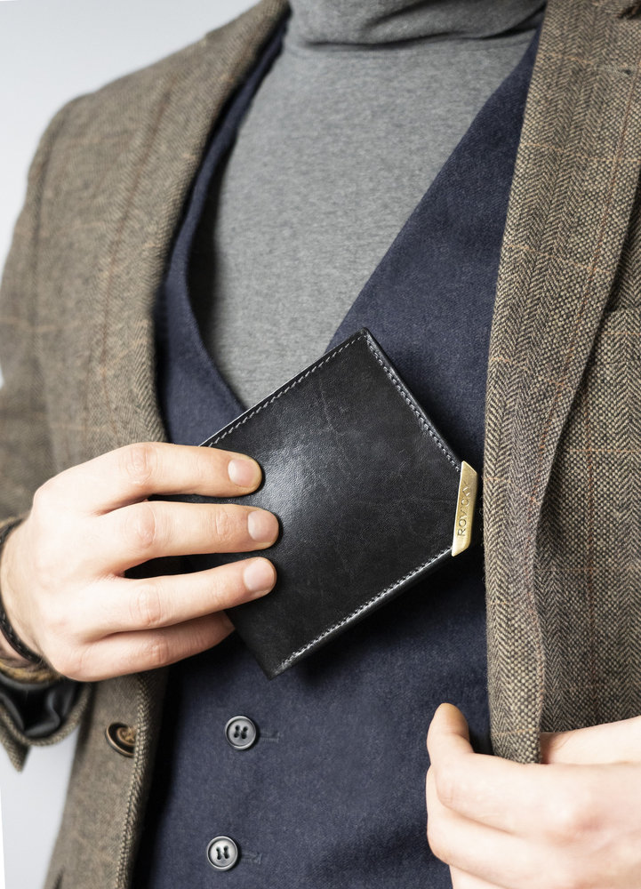 Horizontálna pánska peňaženka so zlatým akcentom, prírodná lícová koža - Rovicky