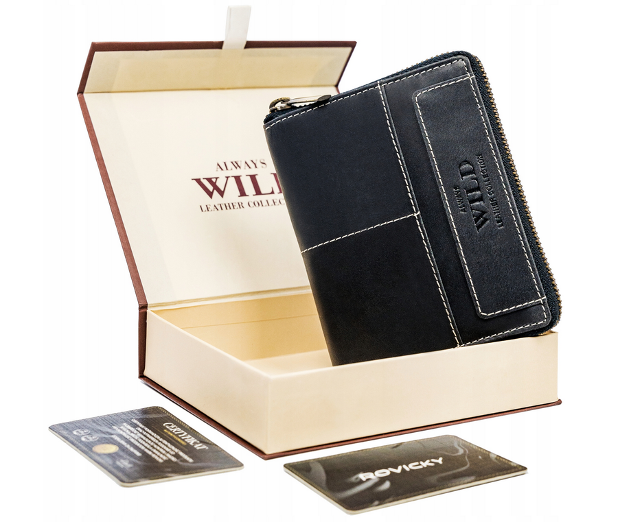 Vertikálna pánska peňaženka so zipsom a prešívaním, prírodná koža - Always Wild