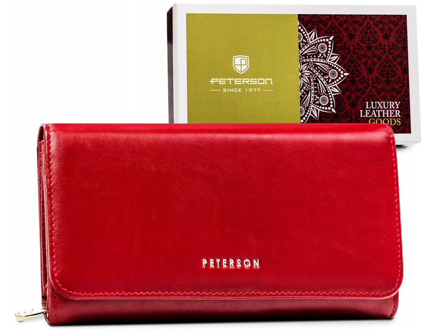 Veľká, kožená dámska peňaženka so zapínaním na patentku i z systemem RFID — Peterson