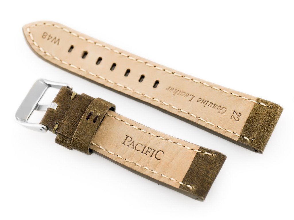 Leather watch strap W48 - PREMIUM - olive green - 22mm