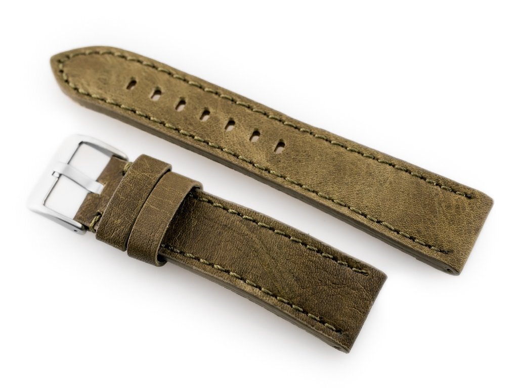 Leather watch strap W48 - PREMIUM - olive green - 22mm