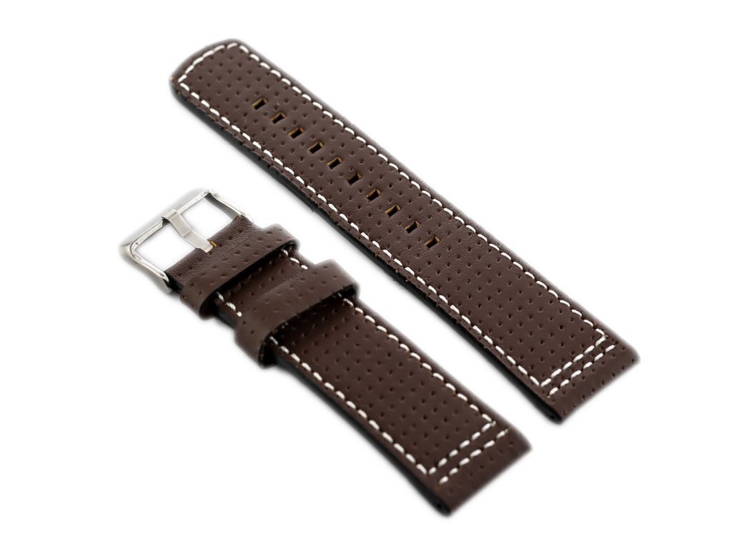 Pasek skórzany do zegarka W40 - brązowy/biały - 22mm