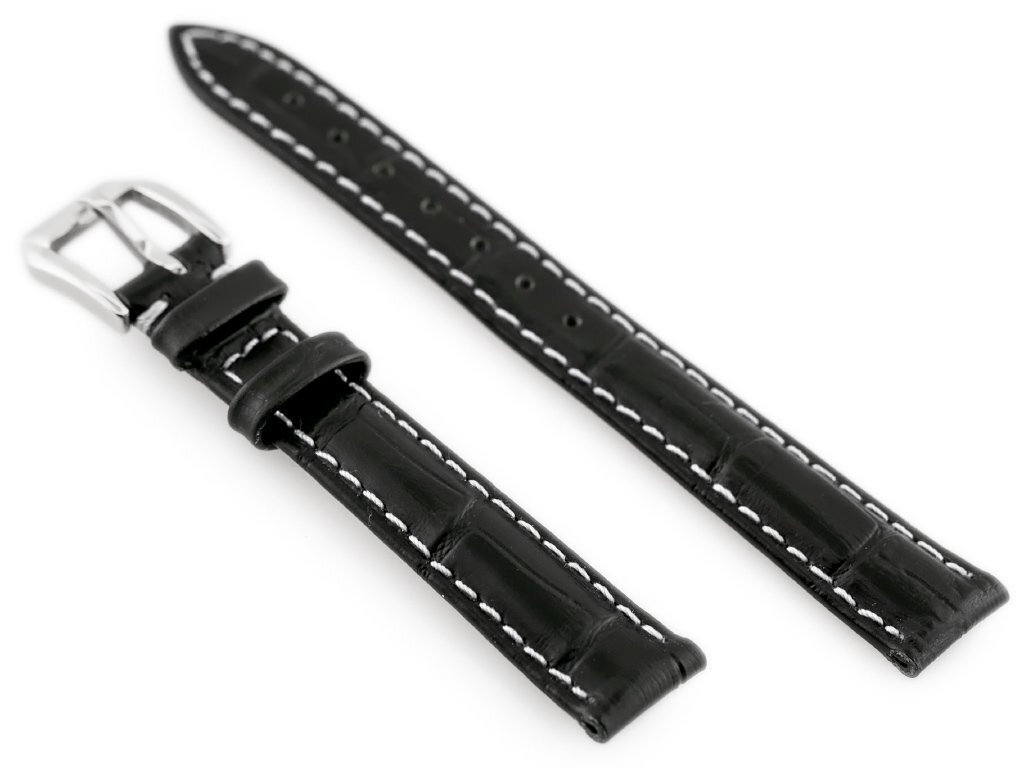 Pasek skórzany do zegarka W64 - czarny/biały 12mm