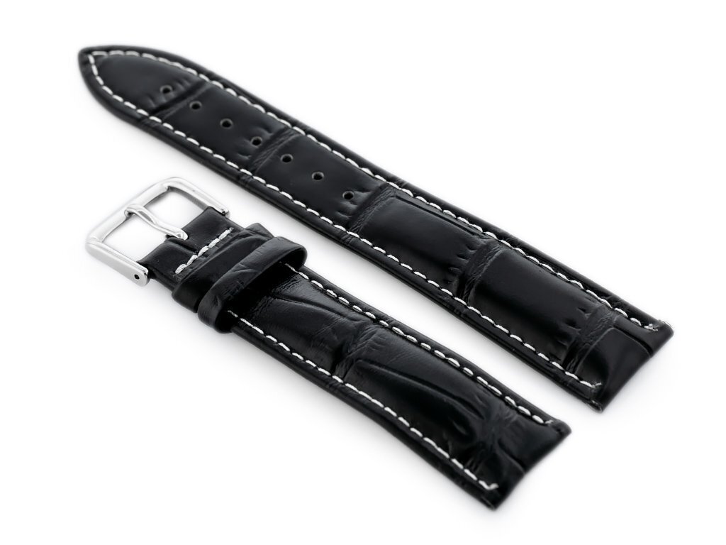 W102L black/white leather watch strap - 18mm