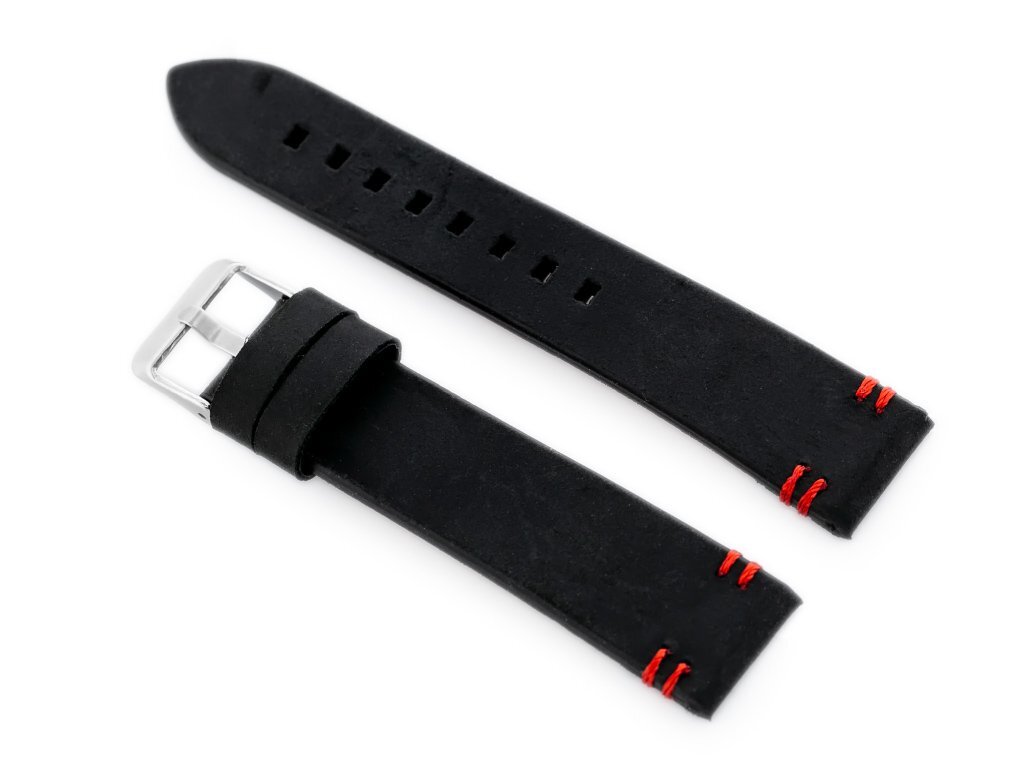 W110 leather watch strap - black/red - 20mm