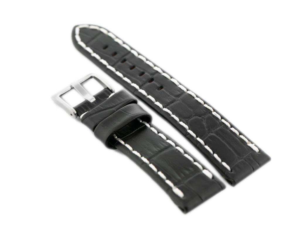 W49 leather watch strap - black/white - 24mm