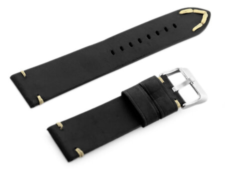 W93 leather watch strap - black/beige 22mm