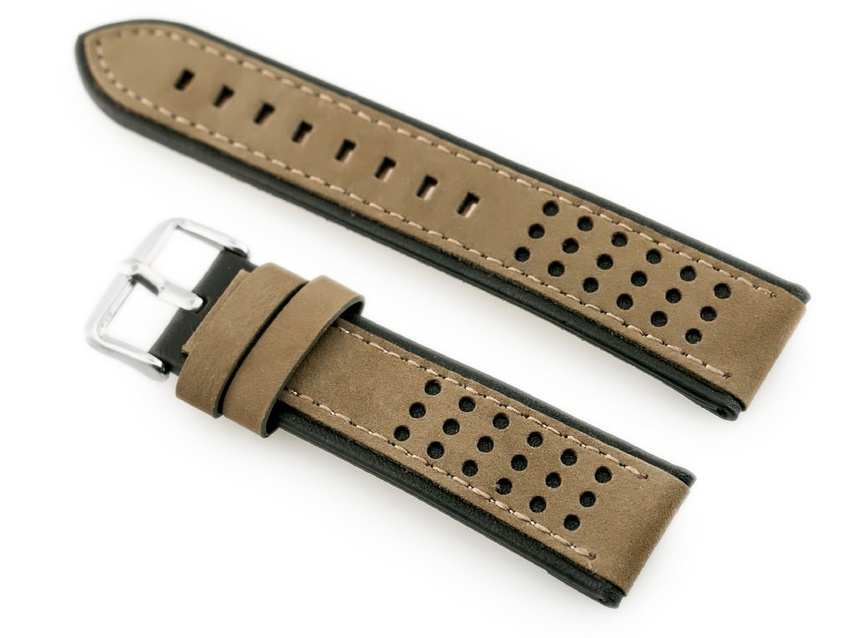 W80 beige/black leather watch strap - 22mm