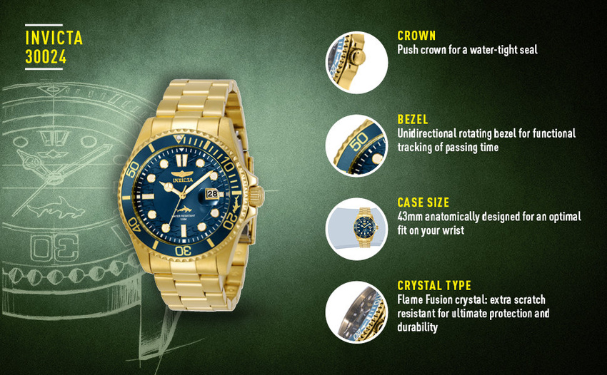 ZEGAREK MĘSKI INVICTA PRO DIVER 30024 - WR100, koperta 43mm (zv011a)