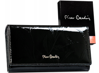 Duży damski portfel lakierowany z motywem liści, skóra naturalna - Pierre Cardin