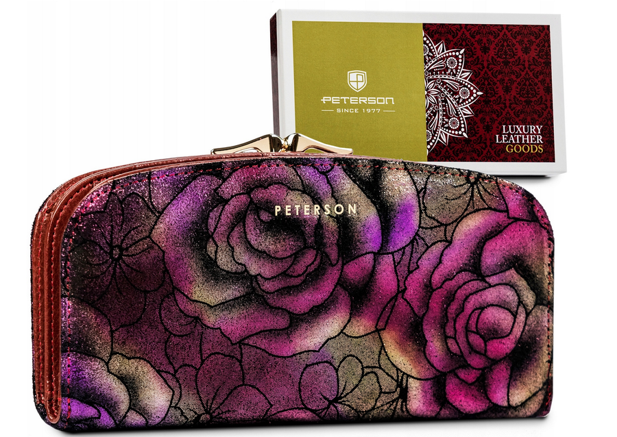 Duży, pojemny portfel ze skóry naturalnej z kwiatowym wzorem - Peterson