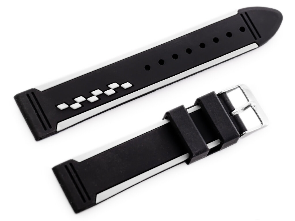 Pasek gumowy do zegarka U06 - czarny/biały - 22mm