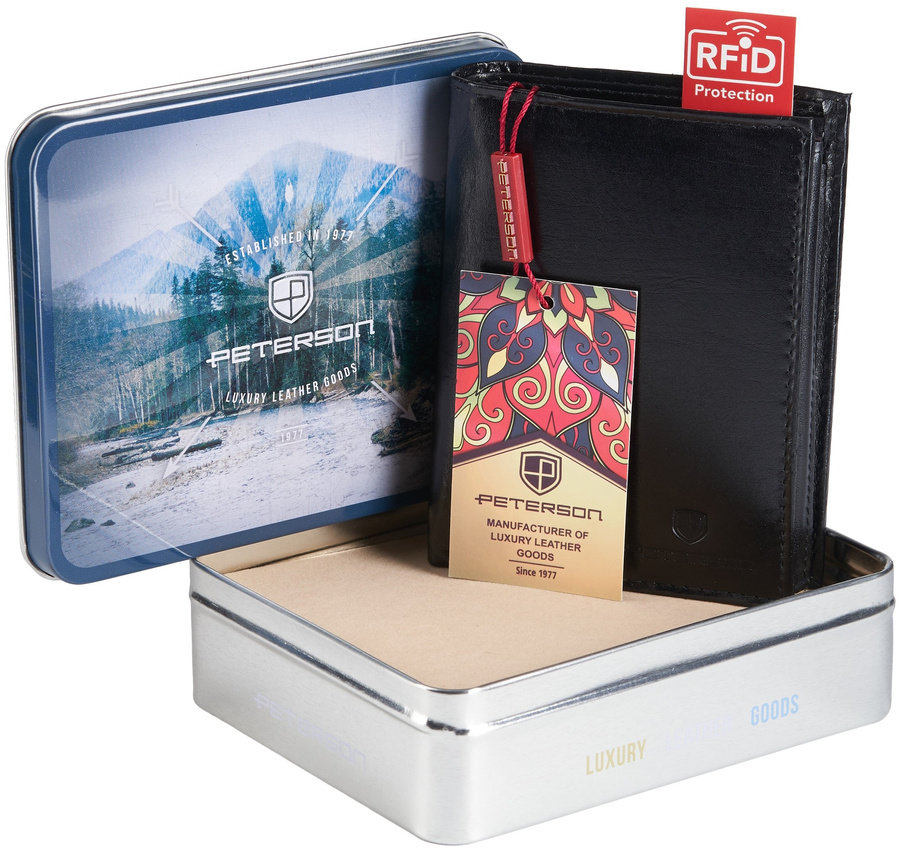 Pionowy skórzany portfel z dużą sekcją na dokumenty RFID — Peterson