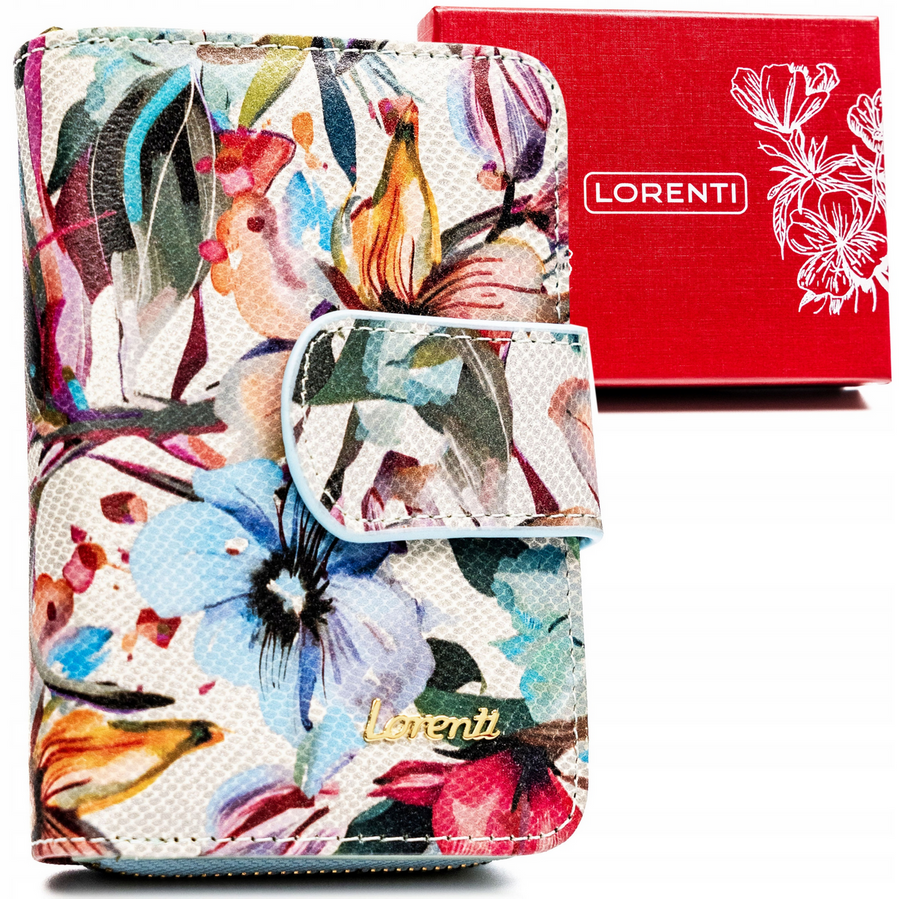 Skórzany, pionowy portfel damski w kwiaty - Lorenti